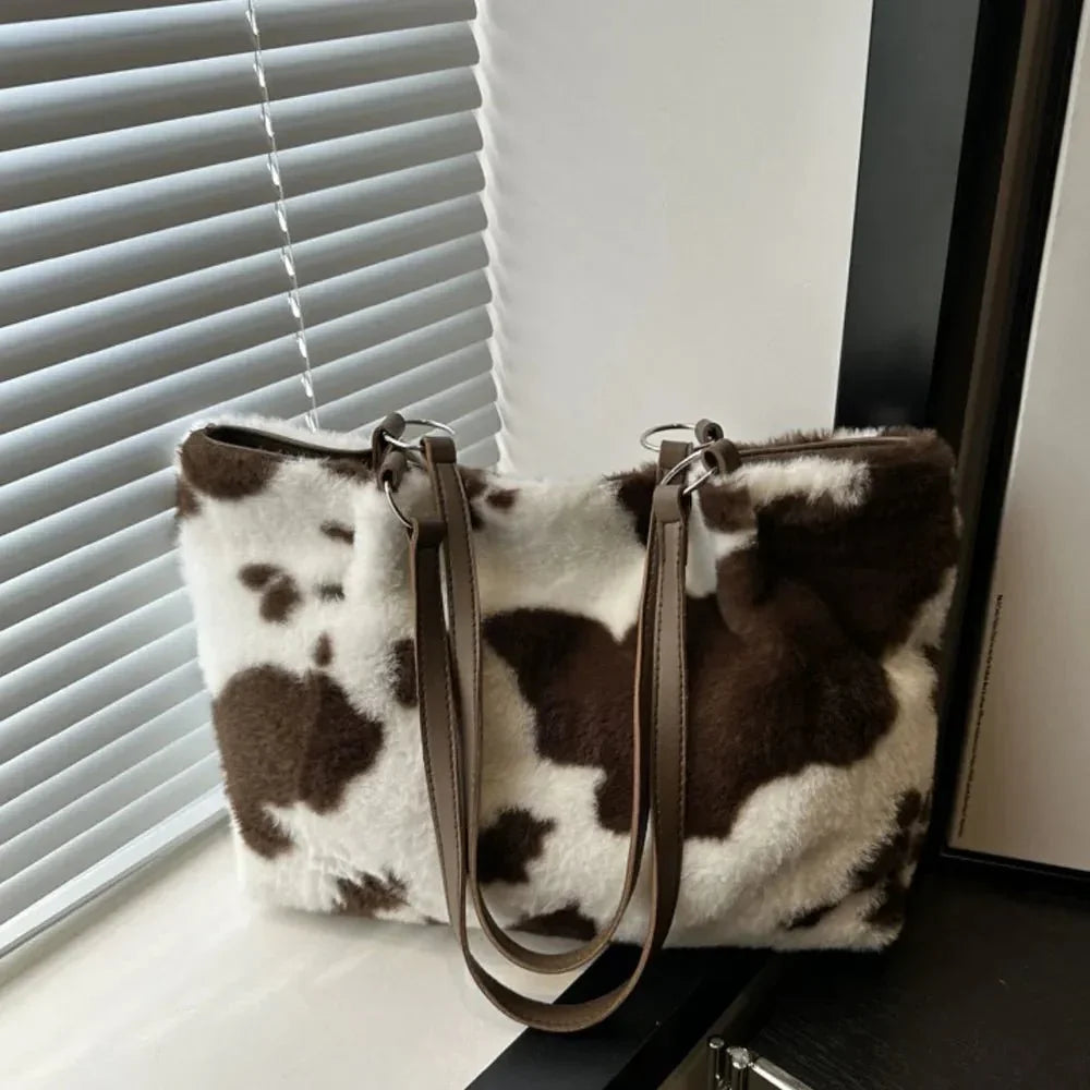 Cow Print Furry Tote Bag - VILLA FASHION